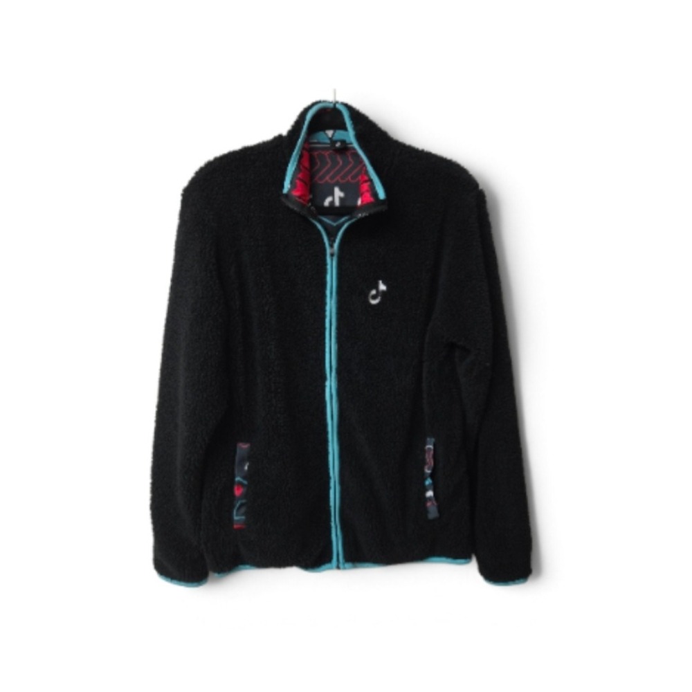 TikTok Sherpa Fleece Full Zip Jacket Black Teal Logo Print Small Streetwear Tech